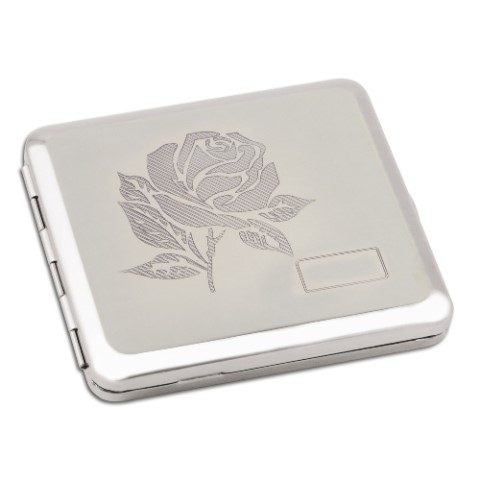 Zigaretten-Etui Nickel-Poliert mit Rosen-Emblem und Gravurfeld, 18er